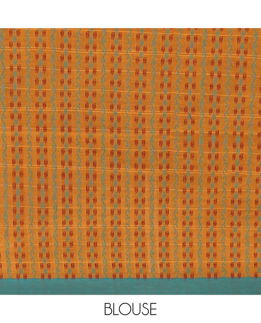 Orange horizontal striped & buttas Coimbatore cotton saree, contrast plain border & peacock pot motifs pallu