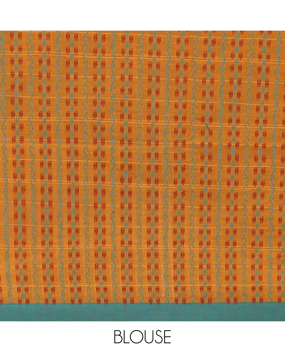 Orange horizontal striped & buttas Coimbatore cotton saree, contrast plain border & peacock pot motifs pallu