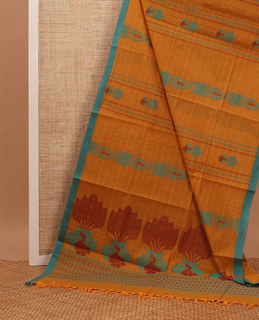 Orange horizontal striped & buttas Coimbatore cotton saree, contrast plain border & peacock pot motifs pallu