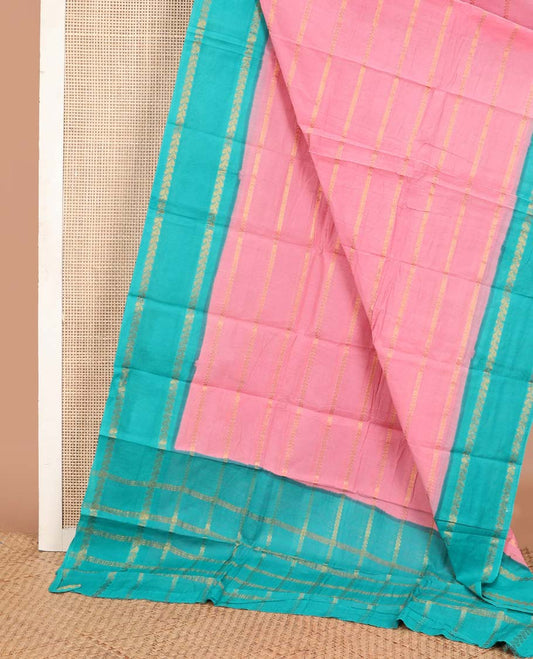 Pink zari striped Sungudi cotton saree, contrast rettai pettu traditional zari border & zari striped pallu