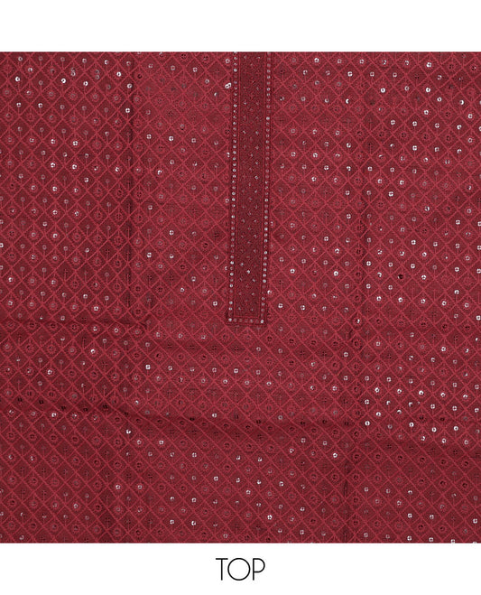 Maroon cotton chudidhar material set, argyle design sequins embroidery top, plain bottom, & scallop embroidered dupatta