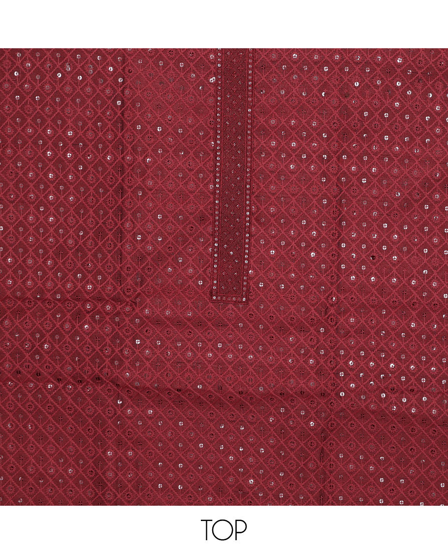 Maroon cotton chudidhar material set, argyle design sequins embroidery top, plain bottom, & scallop embroidered dupatta