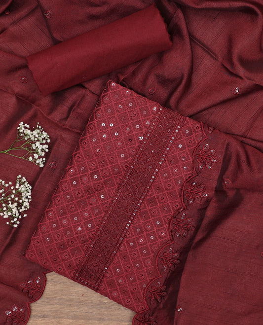 Maroon cotton chudidhar material set, argyle design sequins embroidery top, plain bottom, & scallop embroidered dupatta