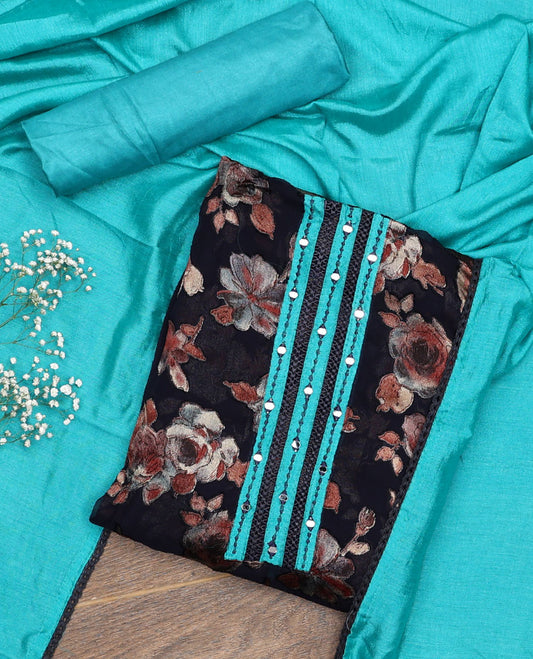 Black material chudidar set, floral print with mirror neck embroidered top, contrast blue bottom and plain dupatta