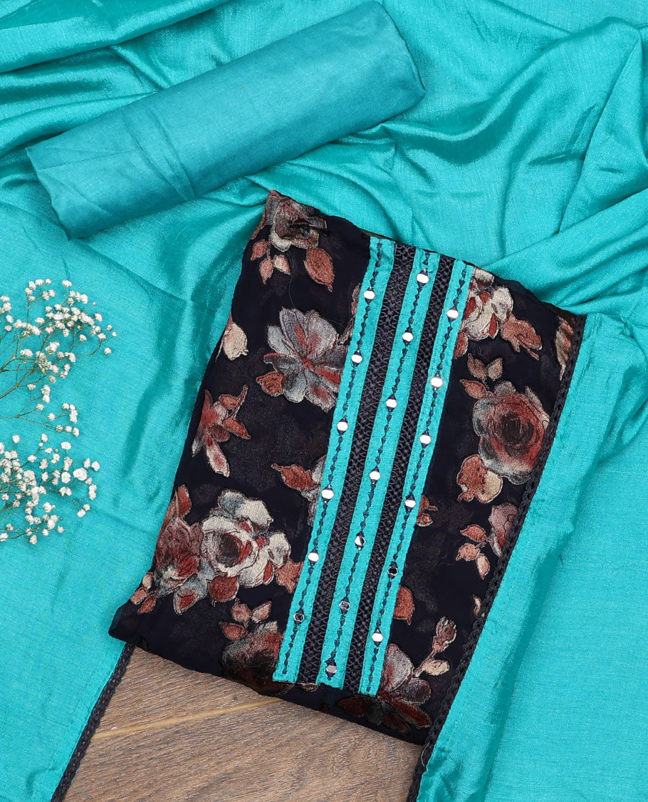 Black material chudidar set, floral print with mirror neck embroidered top, contrast blue bottom and plain dupatta