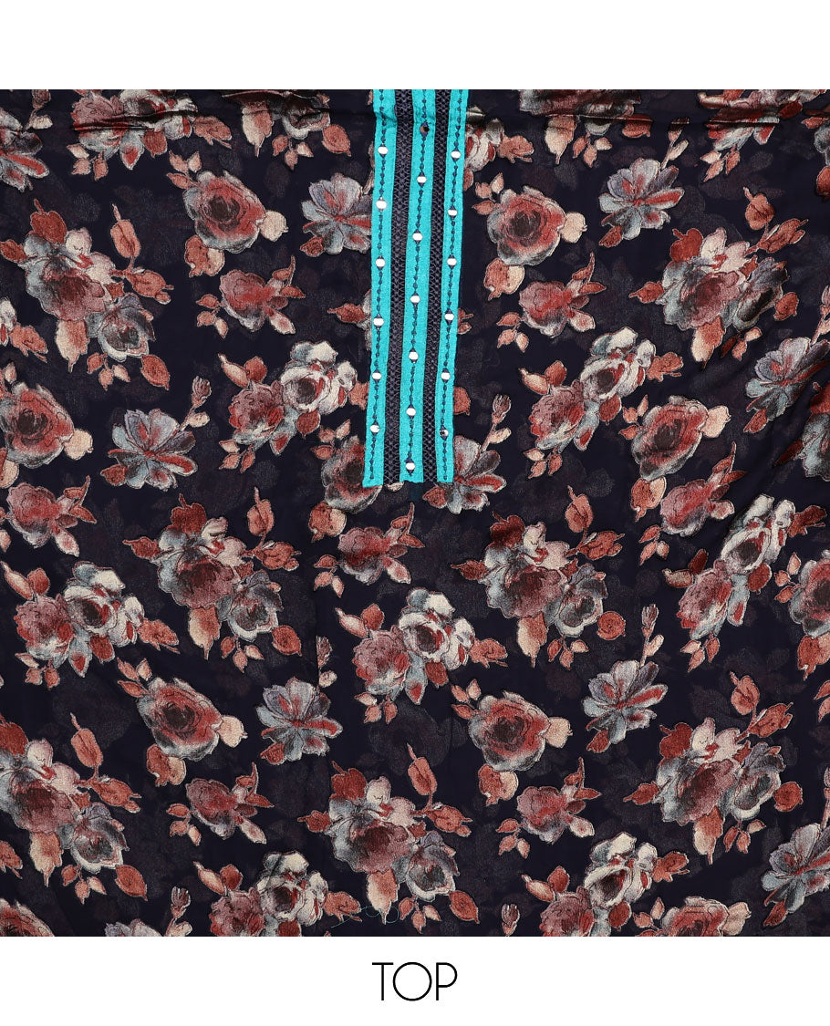 Black material chudidar set, floral print with mirror neck embroidered top, contrast blue bottom and plain dupatta