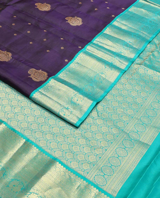 Violet zari buttas Vasundhara silk mix saree, contrast traditional zari design border & pallu of scallop zari patterns