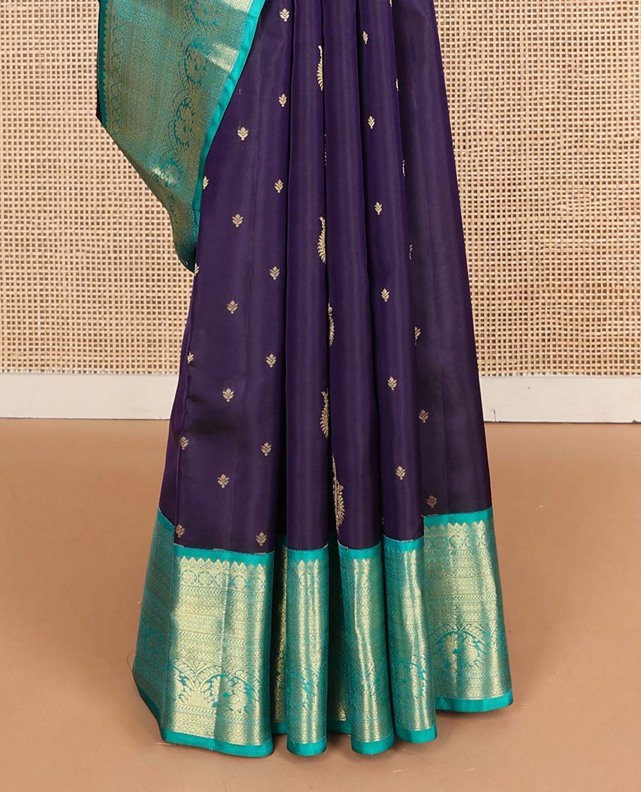Violet zari buttas Vasundhara silk mix saree, contrast traditional zari design border & pallu of scallop zari patterns
