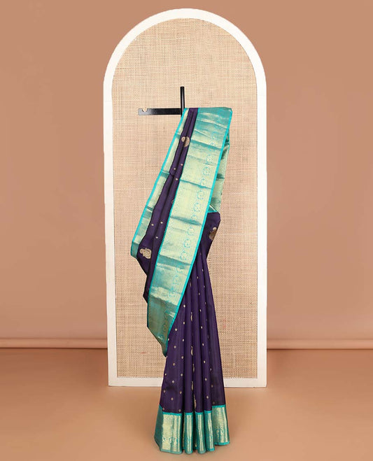Violet zari buttas Vasundhara silk mix saree, contrast traditional zari design border & pallu of scallop zari patterns