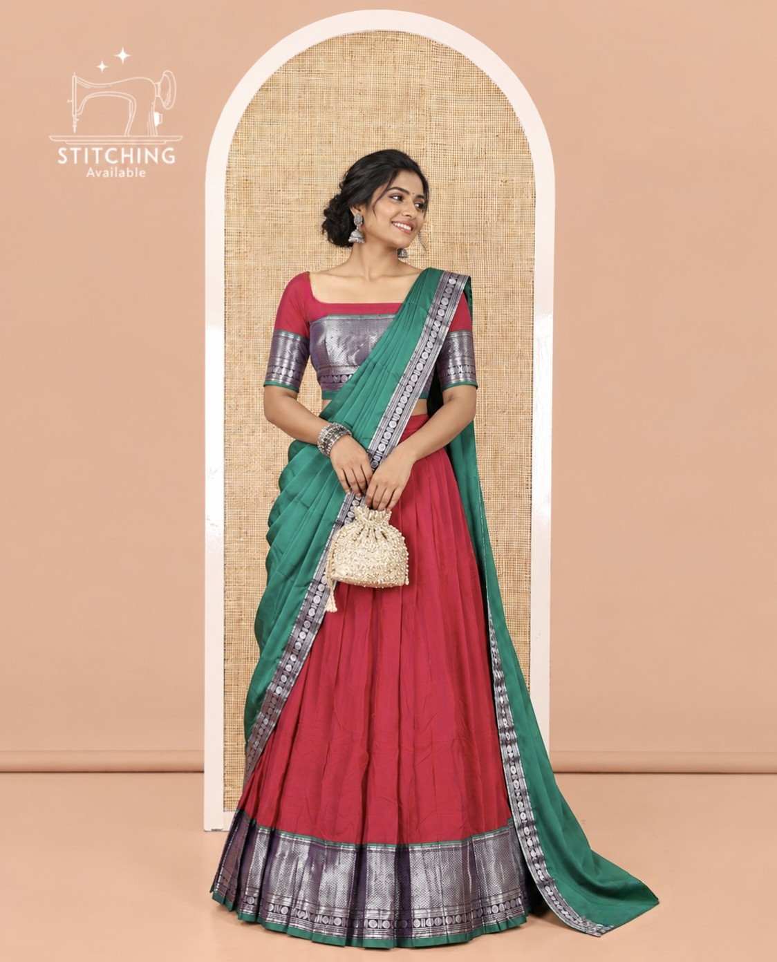 Rani Pink-Green Mercerised Cotton Half-Saree Features Plain with Contrast Traditional Zari Bordered Skirt, Paired with a Matching Blouse, and Comes with a Contrast Bordered Dhavani