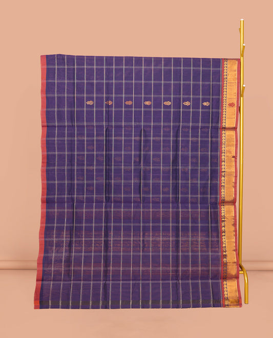Blue Venkatagiri Cotton Saree Showcasing Buttas and Checks, a Contrast Zari-Thread Border, a Pallu of Stripes, and No Blouse