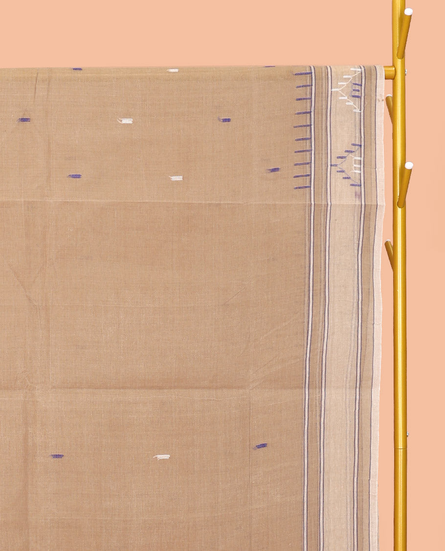Pale Brown Bengal Cotton Saree, Delicately Woven with Thread Buttas, a Subtle Border, Pallu of Stripes and Buttas, and a Matching Blouse