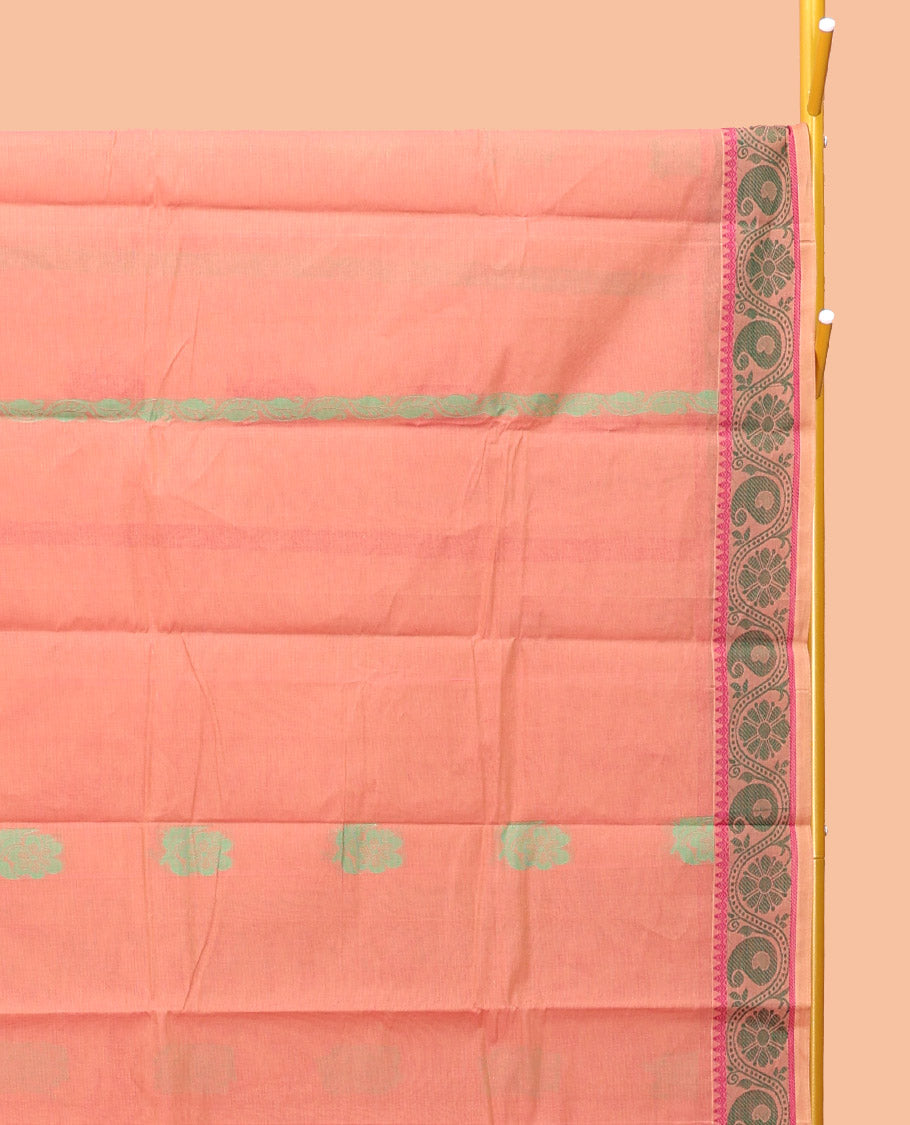 Peach Kanchi Cotton Saree, Woven with Buttas, Complemented by a Floral Creeper Border, Pallu of Butta Enclosed Checks, and a Matching Blouse