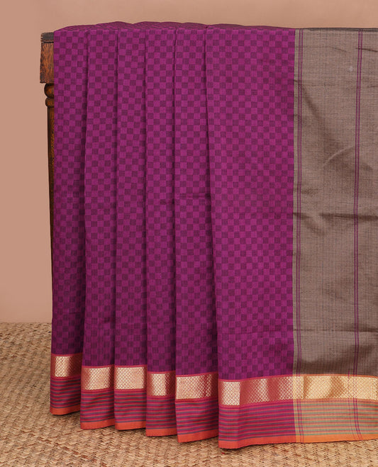 Purple checked design poly cotton saree, contrast traditional zari border of stripes & striped pallu
