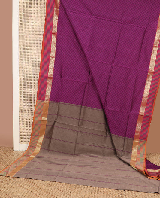 Purple checked design poly cotton saree, contrast traditional zari border of stripes & striped pallu