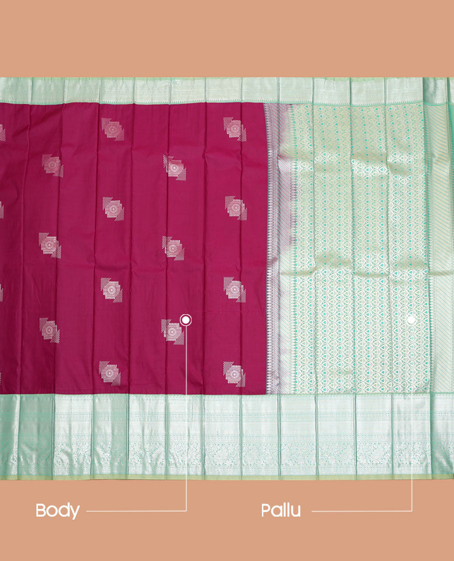 Light Maroon Budget Silk Saree, Bedecked with Buttas All Over Its Body, Complemented by a Contrast Traditional Zari Design Border, Pallu of Intricate Designs, and Paired with a Contrast Blouse