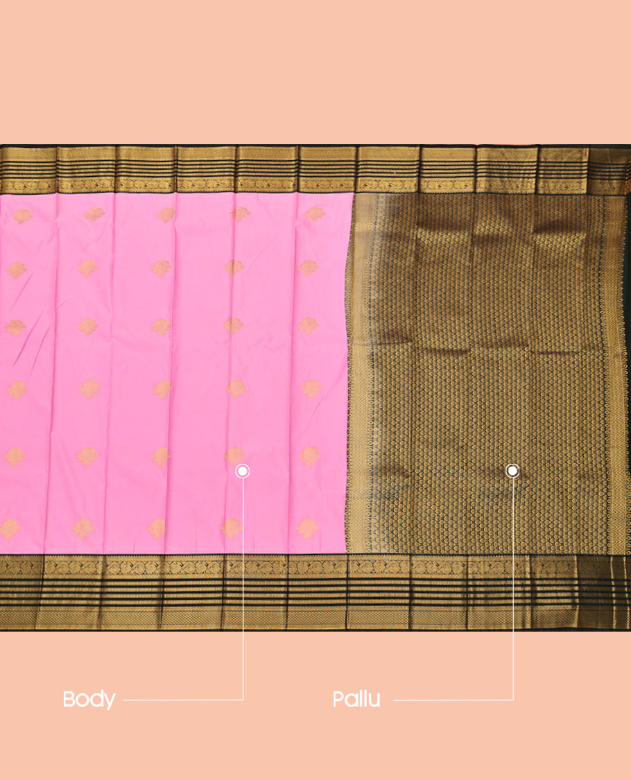 Pink Budget Silk Saree, Prettified with Zari Buttas, a Contrast Traditional Zari Design Border, Grand Pallu, and a Contrast Blouse