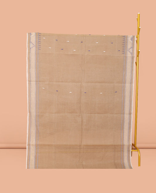 Pale Brown Bengal Cotton Saree, Delicately Woven with Thread Buttas, a Subtle Border, Pallu of Stripes and Buttas, and a Matching Blouse