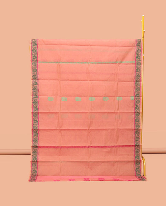 Peach Kanchi Cotton Saree, Woven with Buttas, Complemented by a Floral Creeper Border, Pallu of Butta Enclosed Checks, and a Matching Blouse