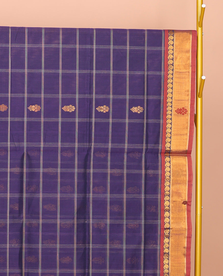 Blue Venkatagiri Cotton Saree Showcasing Buttas and Checks, a Contrast Zari-Thread Border, a Pallu of Stripes, and No Blouse