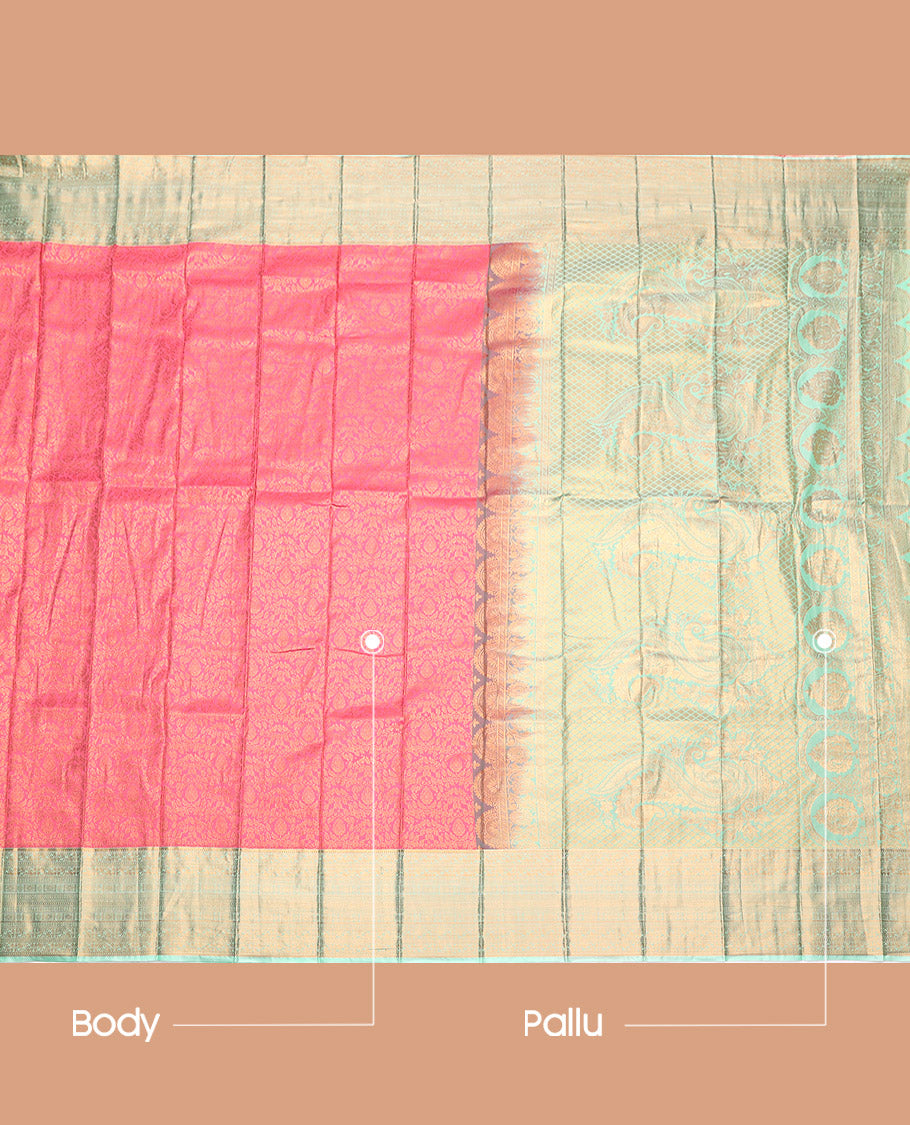 Pink Budget Silk Saree, Decorated with Jacquard Design, Complemented by a Contrast Traditional Zari Border, Grand Pallu, and Contrast Blouse