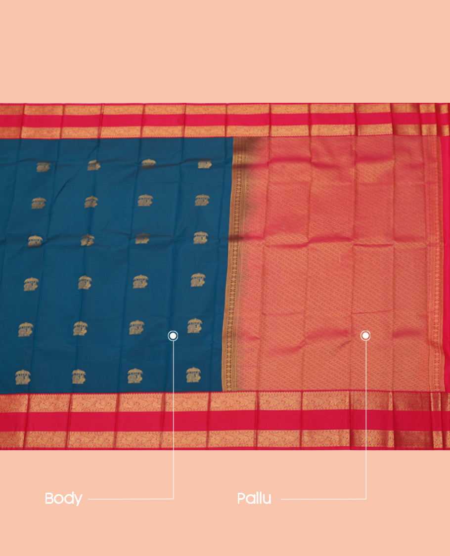 Blue Budget Silk Saree, Finely Crafted with Zari Buttas, Complemented by a Contrast Traditional Zari Rettai Pettu Border, Intricate Pallu, and Contrast Blouse