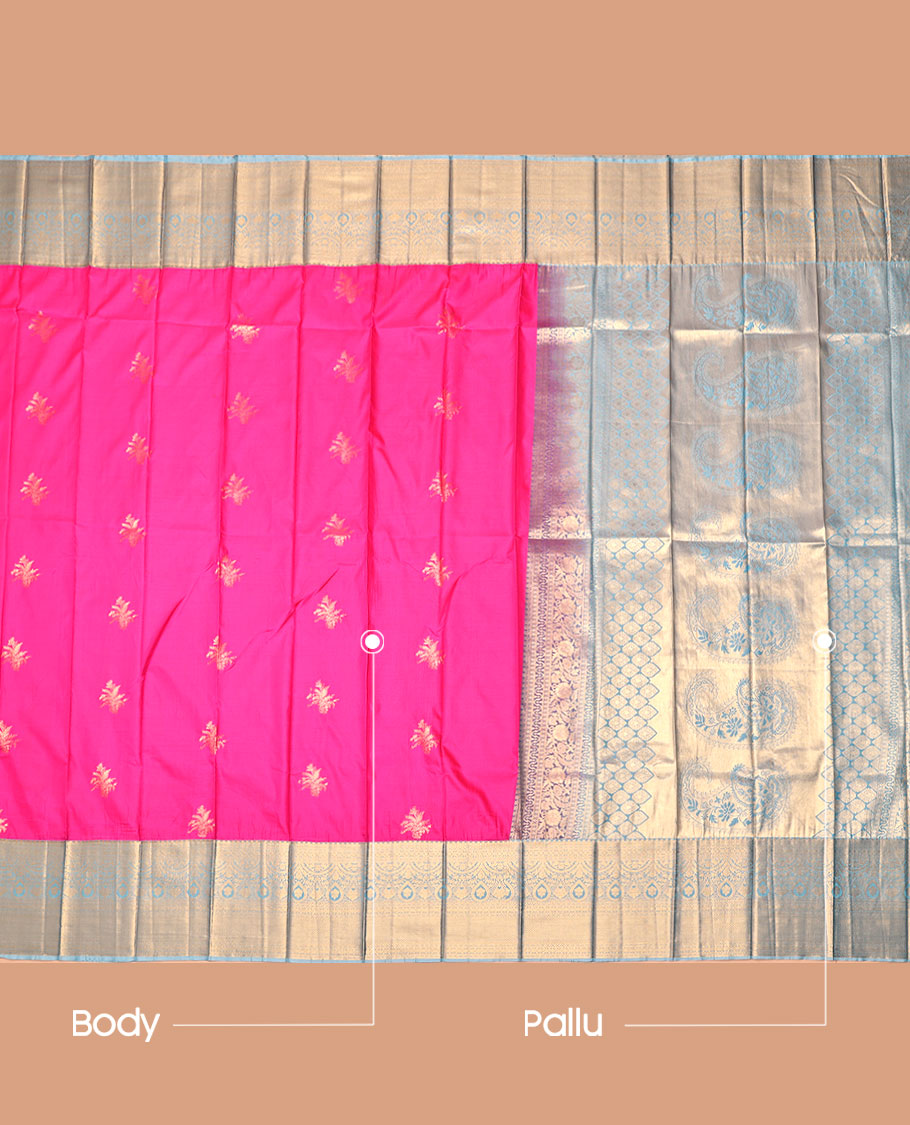 Pink Budget Silk Saree, Featuring Zari Buttas, Complemented by Contrast Traditional Zari Border, an Intricate Pallu and a Contrast Blouse