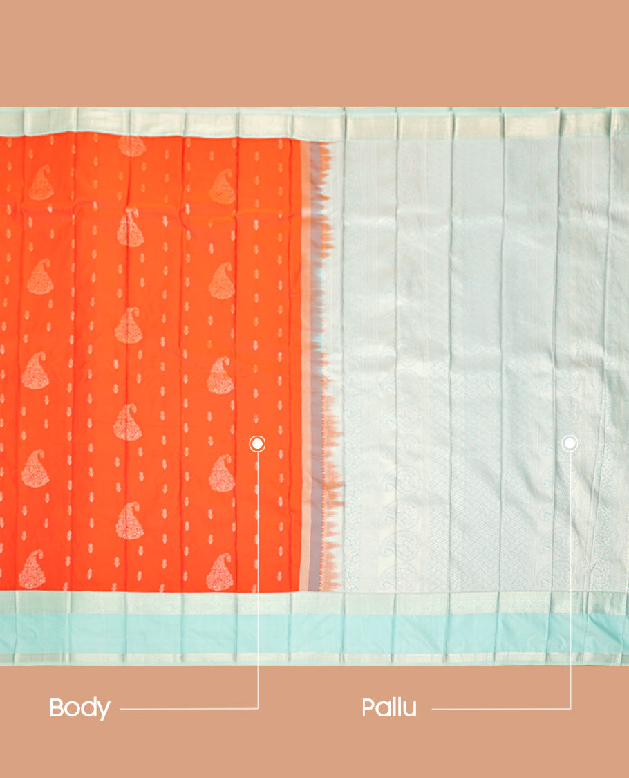Orange Budget Silk Saree, Mesmerized with Zari Buttas, Captivating Contrast Traditional Zari Design Rettai Pettu Border, Grand Pallu, and Has a Contrast Blouse