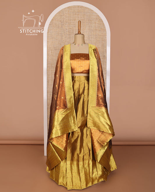 Brown buttas tissue half saree with  contrast intricate zari design border, zari design blouse & floral design dhavani