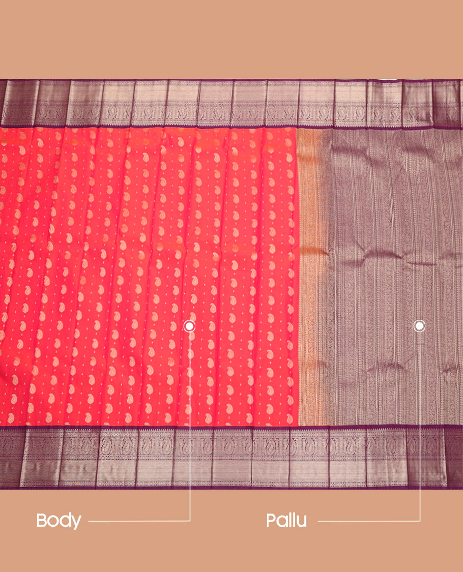 Orange Budget Silk Saree, Gleamed Up with Paisley Buttas, Complemented by a Contrast Traditional Zari Border, Grand Pallu, and a Contrast Blouse