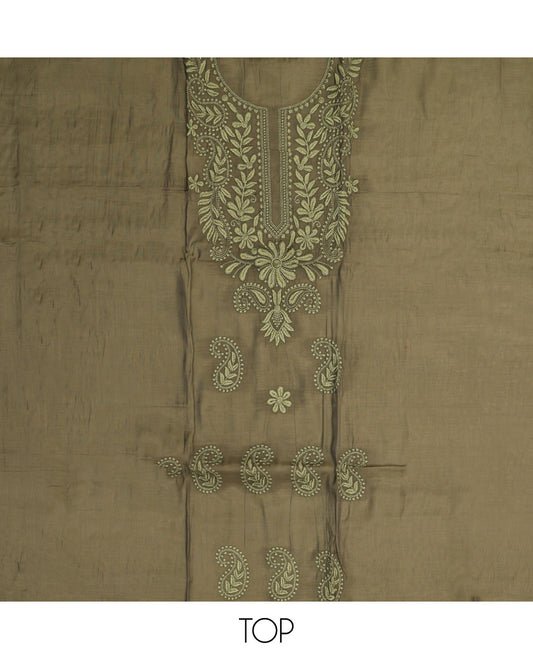 Green Material Chudidar Set, Delicately Woven with Floral-Paisley Embroidered Muslin Top, a Plain Santoon Bottom, and Paired with Intricately Printed Muslin Dupatta