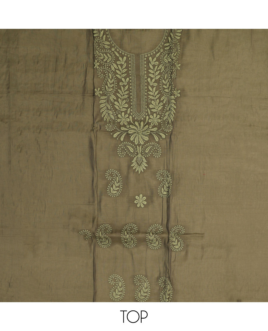 Green Material Chudidar Set, Delicately Woven with Floral-Paisley Embroidered Muslin Top, a Plain Santoon Bottom, and Paired with Intricately Printed Muslin Dupatta