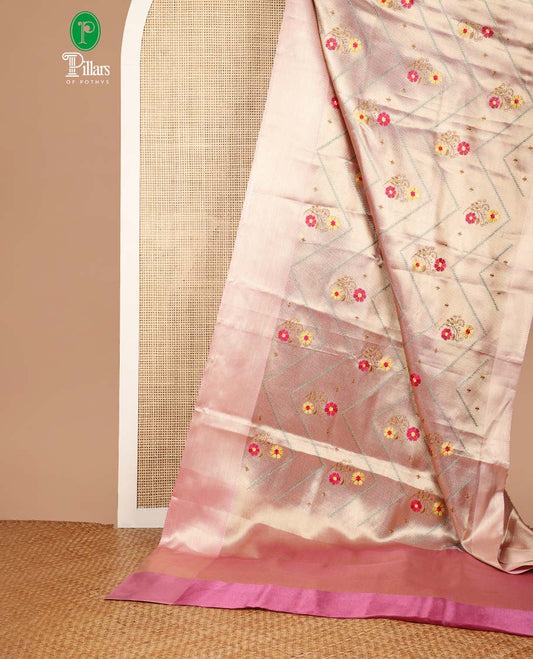 Pink floral embroidery tissue celebrity saree with pavanchi border & rich pallu along with tissue blouse
