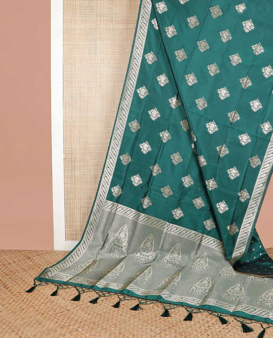 Bottle green flower motifs butter silk saree with self zari design border & floral design pallu
