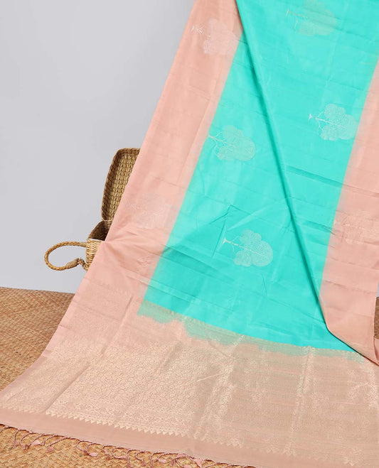 Green tree buttas soft silk saree with contrast zari border & floral zari design pallu