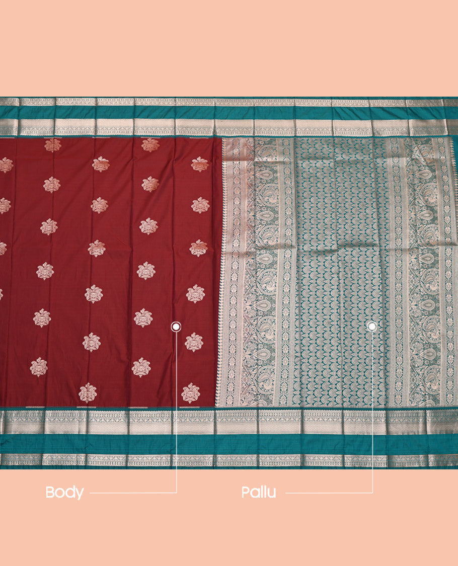 Maroon Budget Silk Saree, Decorated with Zari Buttas, Complemented by Contrast Traditional Rettai Pettu Border, Grand Pallu and a Contrast Blouse
