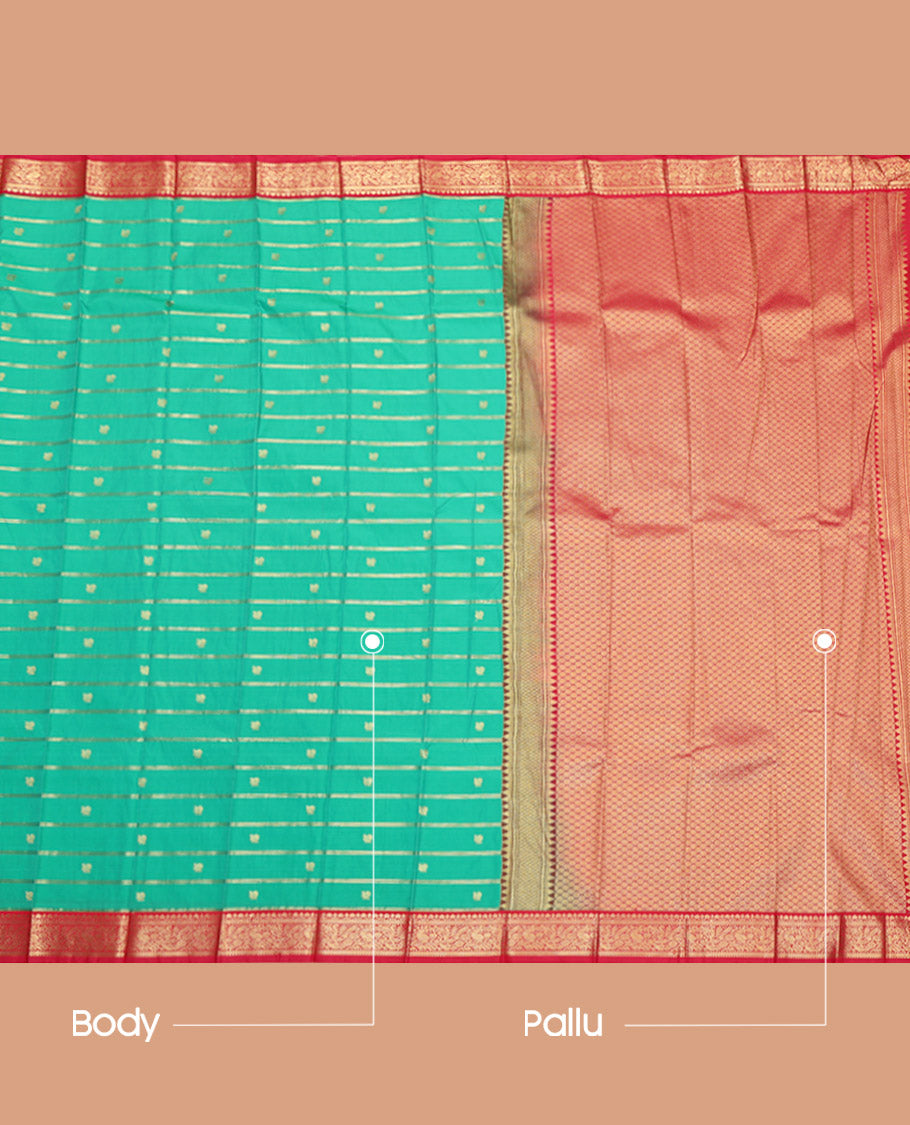 Green Budget Silk Saree, Ornamented with Peacock Buttas and Zari Stripes on Its Body, Complemented by a Contrast Traditional Zari Design Border, Grand Jaal Pallu, and Paired with a Contrast Blouse