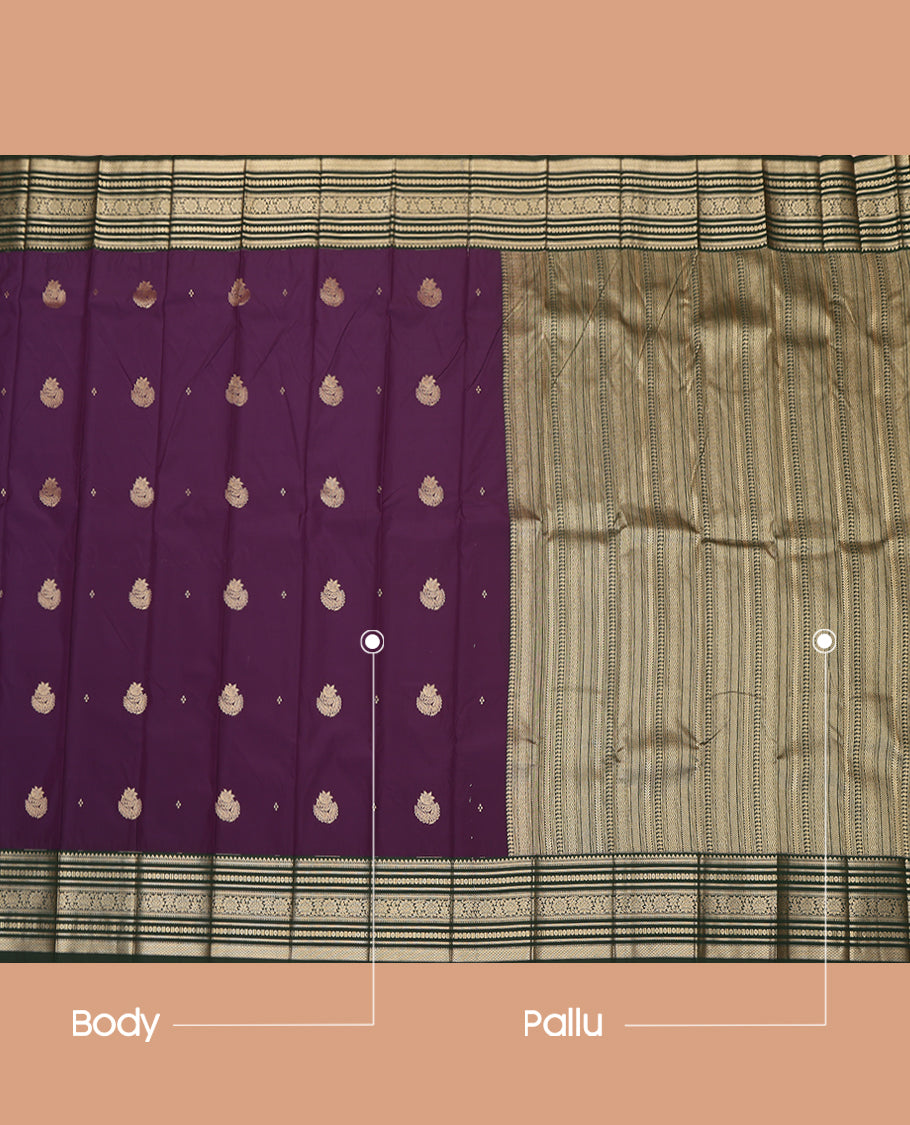 Purple Budget Silk Saree, Charmingly Accented with Zari Buttas, a Contrast Traditional Zari Border, Grand Geometric Pallu, and a Contrast Blouse