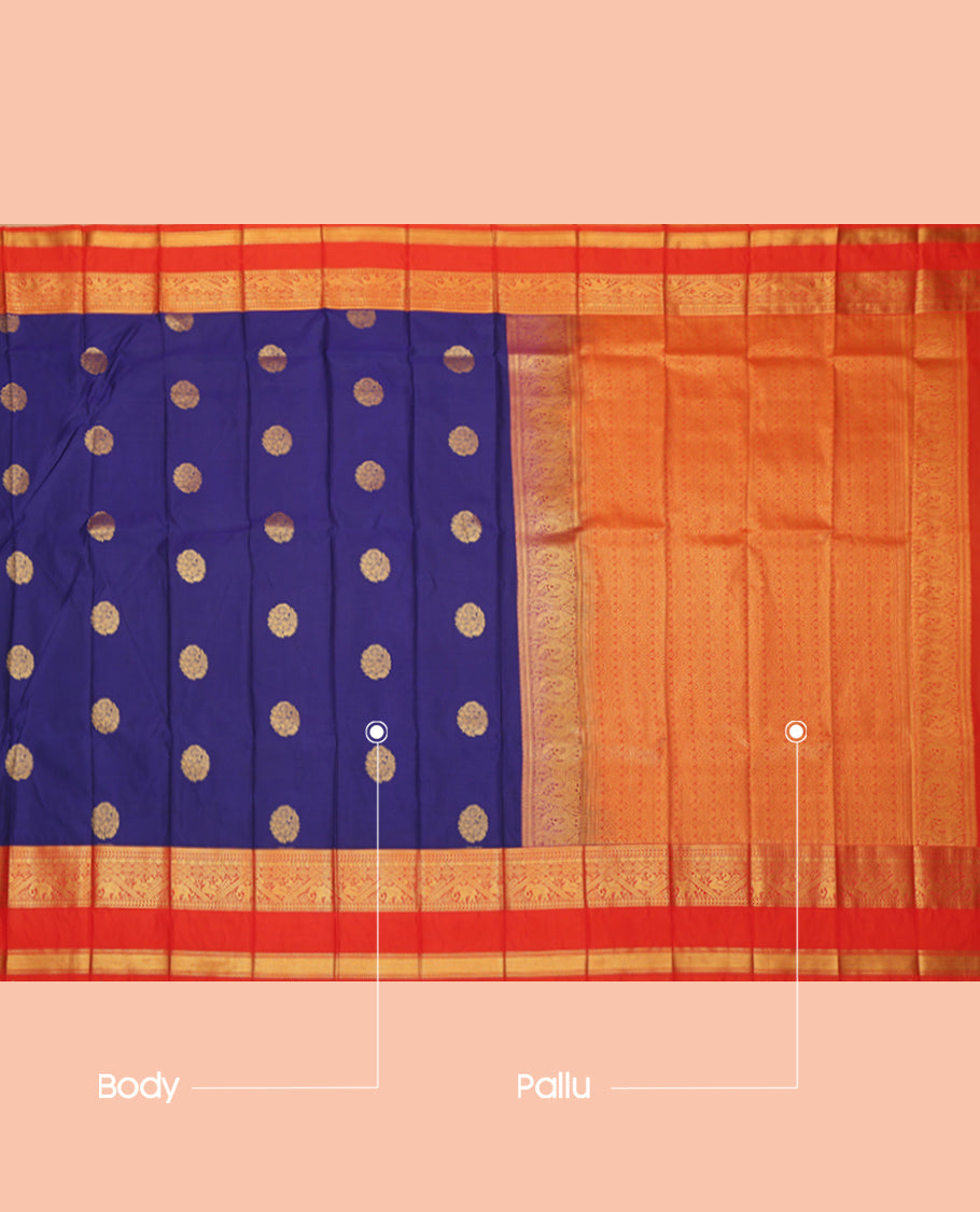 Navy Blue Budget Silk Saree, Highlighted by Zari Buttas, Complemented by Contrast Traditional Rettai Pettu Border, a Jaal Pallu and a Contrast Blouse