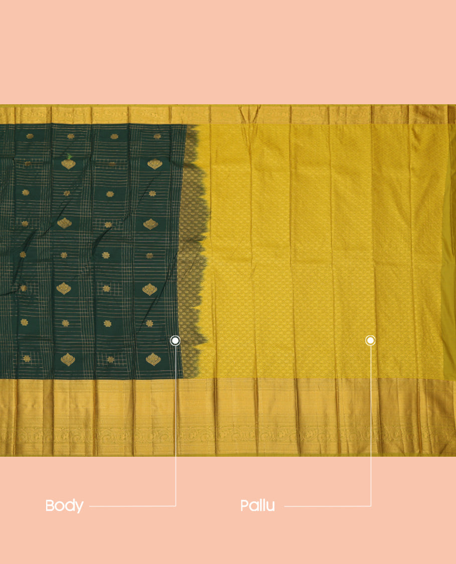 Green Budget Silk Saree, Accentuated with Zari Buttas Enclosed Checks, a Contrast Traditional Zari Border, Grand Pallu, and a Contrast Blouse