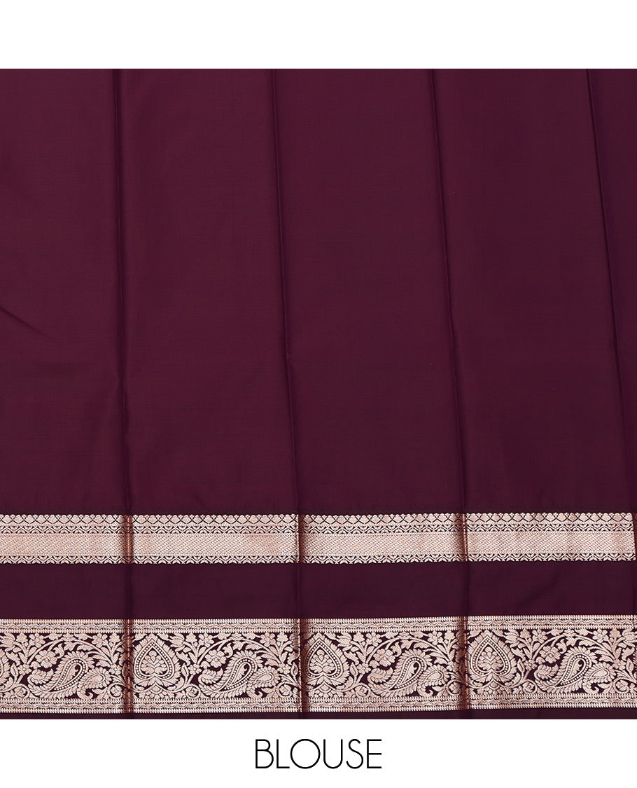 Orange Budget Silk Saree, Detailed with Zari Buttas All Over Its Body, Complemented by a Contrast Traditional Zari Design Rettai Pettu Border, Intricate Pallu, and Paired with a Contrast Blouse