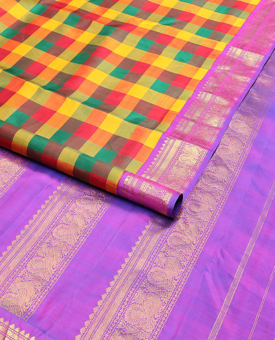 Multi-color paalum pazhamum checked nine-yard silk saree, contrast korvai border & pallu of muthu,mayil kann,neli & annam designs