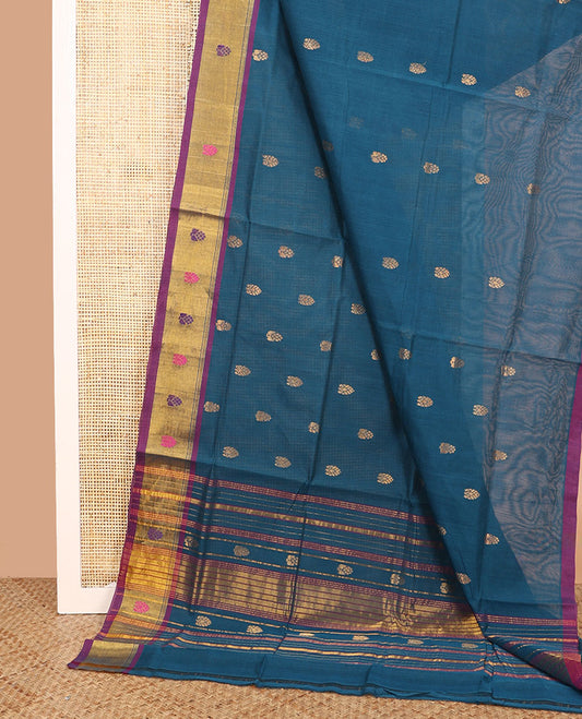 Blue zari buttas Venkatagiri cotton saree, contrast thread and zari border, and pallu of zari designs