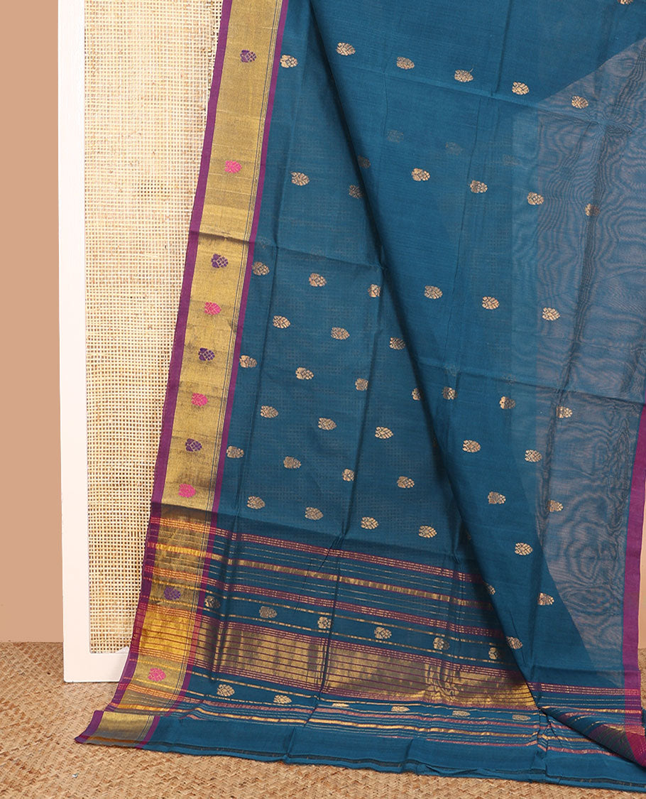Blue zari buttas Venkatagiri cotton saree, contrast thread and zari border, and pallu of zari designs