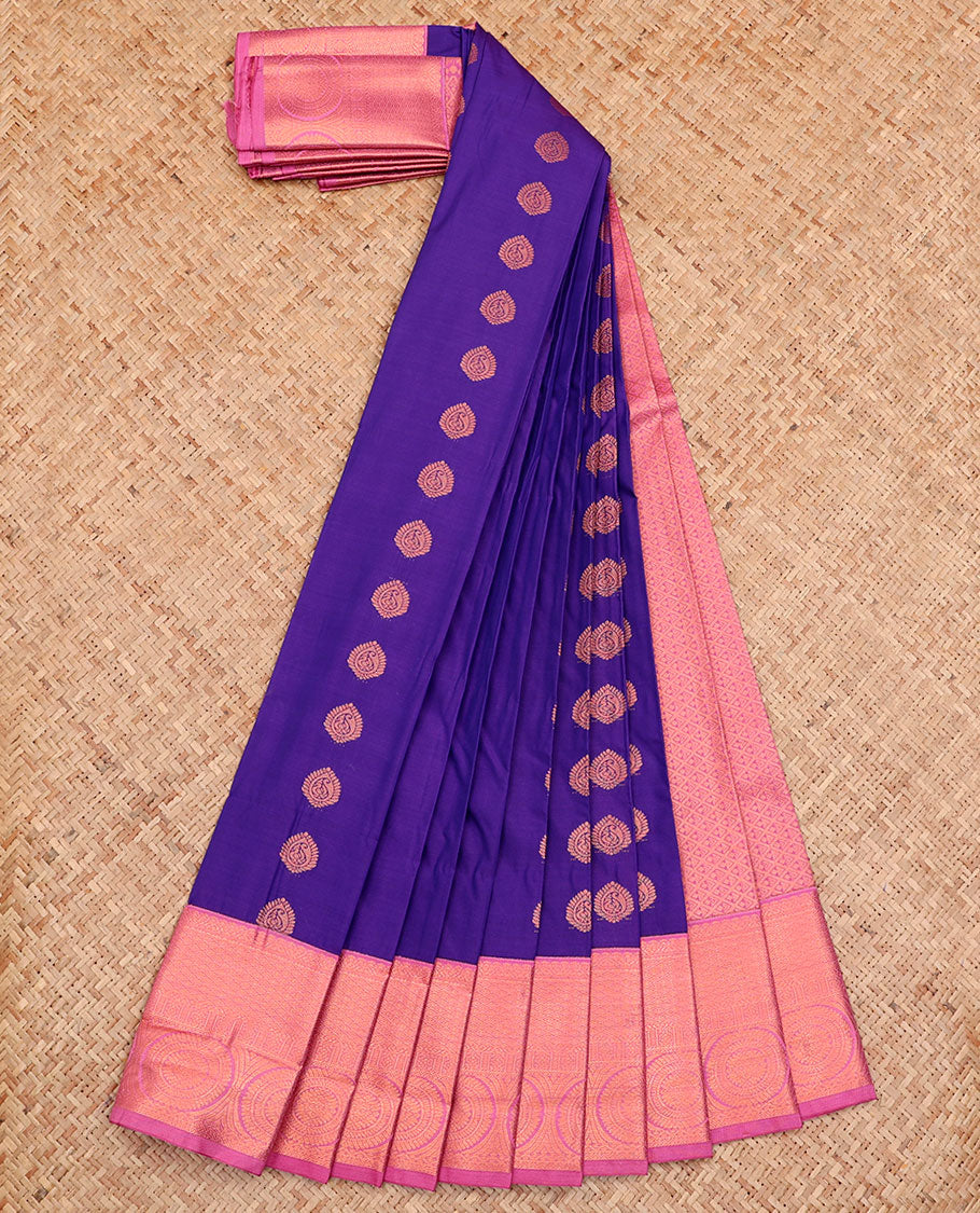 Blue Budget Silk Saree, Decorated with Buttas All Over Its Body, Complemented by a Contrast Traditional Zari Design Border, Pallu of Jaal Designs, and Paired with a Contrast Blouse