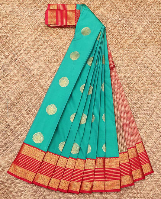 Green Budget Silk Saree, Woven with Zari Buttas, a Contrast Traditional Zari Design Border, Grand Pallu, and a Contrast Blouse