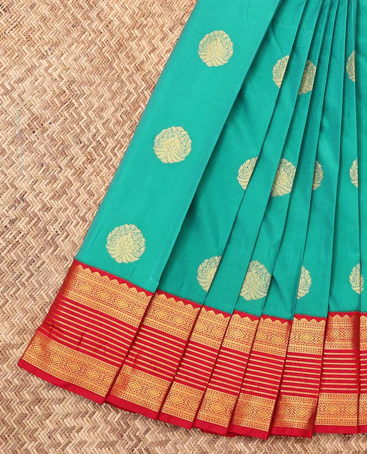 Green Budget Silk Saree, Woven with Zari Buttas, a Contrast Traditional Zari Design Border, Grand Pallu, and a Contrast Blouse