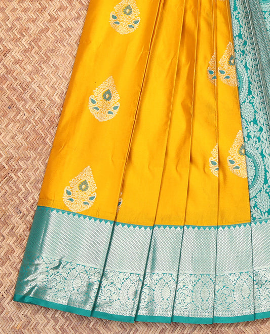 Yellow Budget Silk Saree, Subtly Sparkled with Zari Buttas on Its Body, Complemented by a Contrast Traditional Zari Design Border, Pallu of Jaal Designs, and Paired with a Contrast Blouse