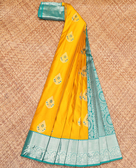 Yellow Budget Silk Saree, Subtly Sparkled with Zari Buttas on Its Body, Complemented by a Contrast Traditional Zari Design Border, Pallu of Jaal Designs, and Paired with a Contrast Blouse