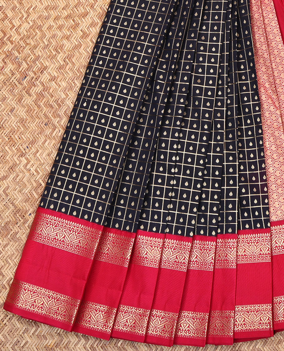 Black Budget Silk Saree, Majestically Detailed with Zari Butta Enclosed Checks on Its Body, Complemented by a Contrast Traditional Zari Designs Woven Rettai Pettu Border, Grand Pallu of Jaal Designs, and Paired with a Contrast Blouse